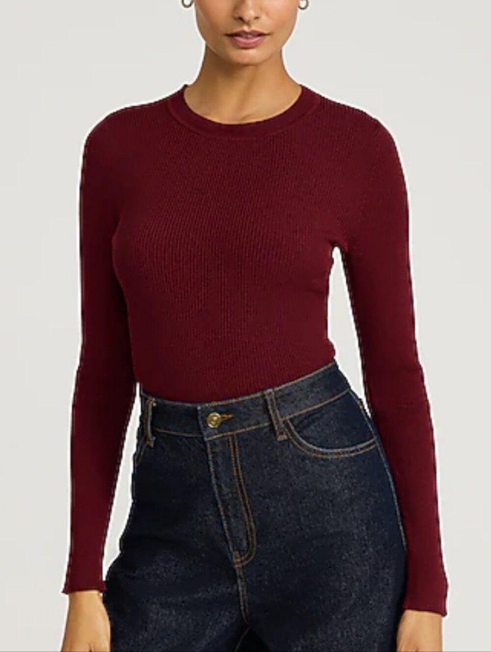 Express Burgundy Silky Soft Fitted Ribbed Crew Neck Sweater Size Small